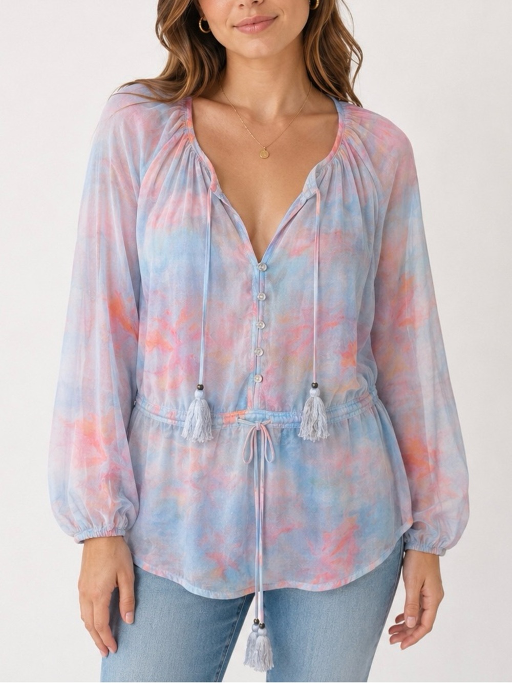 Skylar + Madison Watercolor Tassel Tie Tunic Blouse